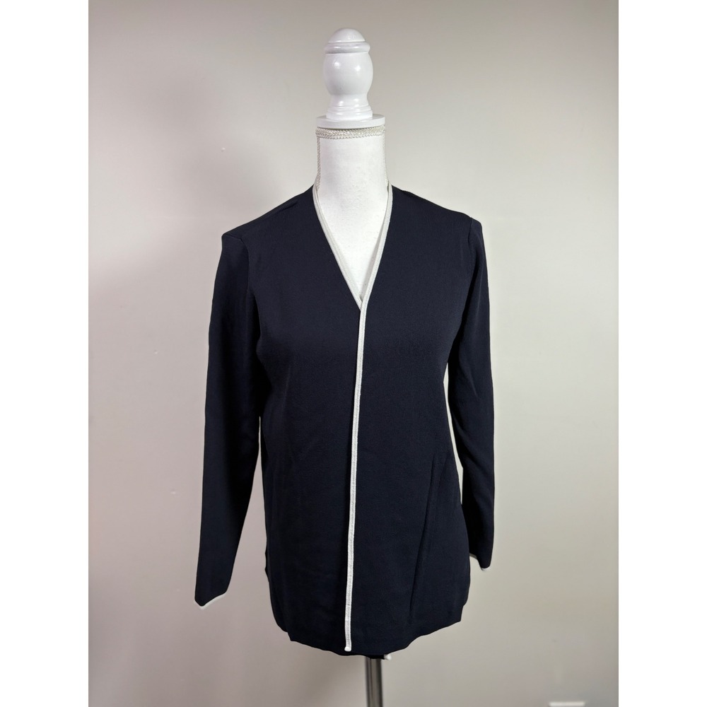 Dialogue Navy Blue Open Front Cardigan White Trim Ribbed Knit Sweater Small